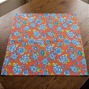 Toalha de Mesa Chita Laranja - Flores Azuis - 70x70cm - 1 unidade - Rizzo