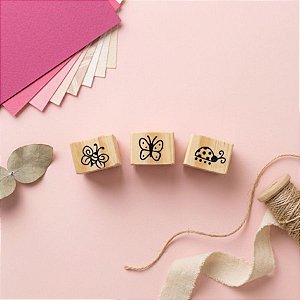 Carimbo de Madeira Artesanal - Borboletas e Joaninha - AF-428 - 3 unidades - Rizzo