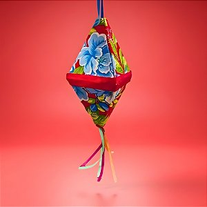 Balão Decorativo Pequeno Festa Junina - Vermelho com Flores Azuis - Fita Vermelha - 12x27x12cm - 1 unidade - Rizzo