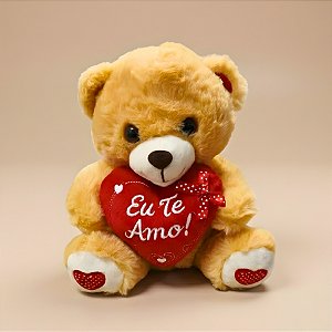 Urso de Pelúcia com Coração Decorado - Marrom Claro - 18x23x17cm - 1 unidade - Rizzo