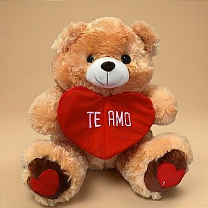 Urso de Pelúcia Grande com Coração e Frase - Marrom - 40x41x32cm - 1 unidade - Rizzo