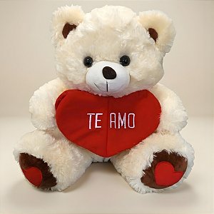 Urso de Pelúcia Grande com Coração e Frase - Branco - 40x41x32cm - 1 unidade - Rizzo