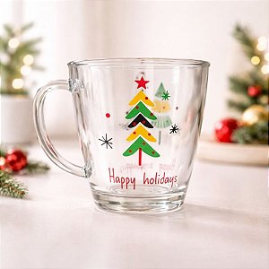 Caneca de Vidro de Natal - Happy Holidays - Modelo 2 - 10x12cm - 340mL - 1 unidade - Rizzo