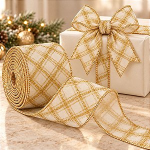 Fita Aramada Decorativa de Natal - Branco e Glitter Dourado - 6,3cm x 9,14m - 1 unidade - Rizzo