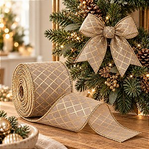 Fita Aramada Decorativa de Natal - Quadriculada Dourada - 6,3cm x 9,14m - 1 unidade - Rizzo