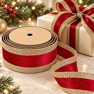 Fita Aramada Decorativa de Natal - Trilho Vermelho com Borda Dourada - 6,3cm x 9,14m - 1 unidade - Rizzo