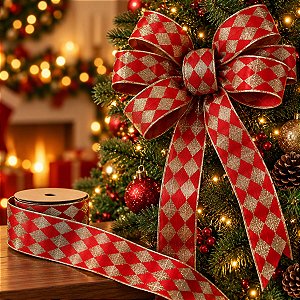 Fita Aramada Decorativa de Natal - Losango Vermelho e Dourado - 6,3cm x 9,14m - 1 unidade - Rizzo