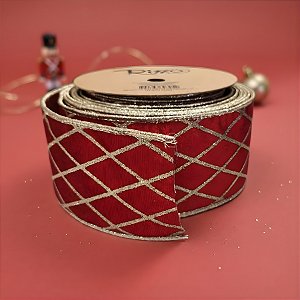 Fita Aramada Decorativa de Natal - Vermelho e Glitter Dourado - 6,3cm x 9,14m - 1 unidade - Rizzo