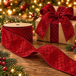 Fita Aramada Decorativa de Natal - Quadriculada Vermelha - 6,3cm x 9,14m - 1 unidade - Rizzo