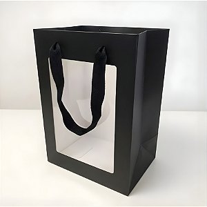 Sacola de Papel com visor PVC 25x18x13cm - Preta - 12 unidades - Rizzo