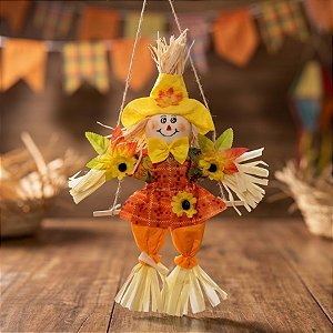 Enfeite Decorativo de Festa Junina Espantalho no Balanço - Laranja - 31x16cm - 1 unidade - Cromus - Rizzo