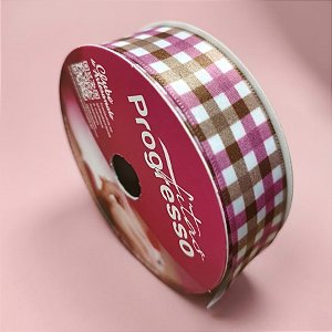 Fita de Cetim 22mm x 10m - Festa Junina Xadrez Marrom e Rosa - ECF005TR Cor 241 - Rolo 10m - 1 unidade - Progresso - Riz
