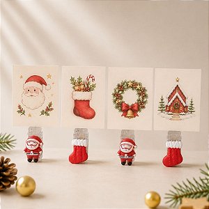 Mini Prendedor de Natal - Papai Noel e Meias Vermelhas - 2,5x1cm - 4 unidades - Rizzo