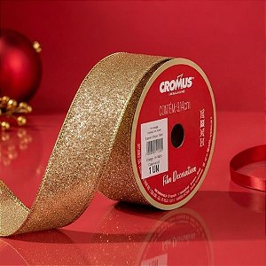 Fita Aramada de Decorativa de Natal - Dourado Com Glitter - 9,14m - 1 unidade - Cromus - Rizzo