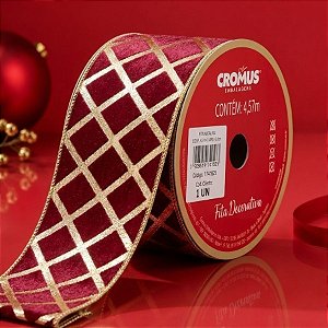 Fita Aramada Decorativa de Natal Veludo - Vermelho Com Arabescos Dourados -  4,57m - 1 unidade - Cromus - Rizzo
