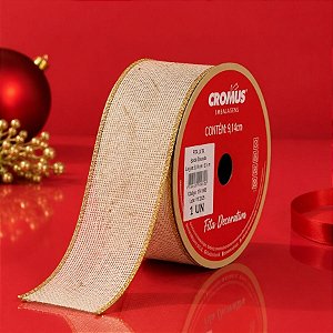 Fita Aramada Decorativa de Natal - Juta Natural com Borda Dourada - 9,14m - 1 unidade - Cromus - Rizzo