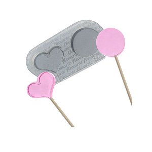 Molde de Silicone Pirulitos Peq 35mm Redondo + Coração - Ref. 551 - 1 unidade - Flexarte - Rizzo