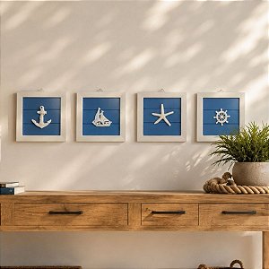 Enfeite Decorativo Para Pendurar - Quadros Náuticos de Madeira - 14,5x14,5cm - 4 unidades - Rizzo