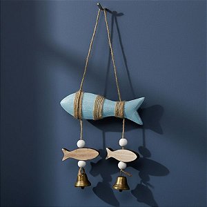 Enfeite Decorativo Para Pendurar - Peixes com Sino  - Azul Claro - 28x12cm - 1 unidade - Rizzo