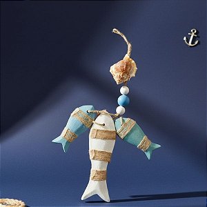 Enfeite Decorativo Para Pendurar - Peixes com Conchas - Branco, Verde e Azul Claro - 25x15cm - 1 unidade - Rizzo