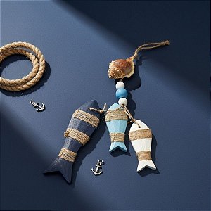 Enfeite Decorativo Para Pendurar - Peixes com Conchas - Branco, Azul e Azul Claro - 25x15cm - 1 unidade - Rizzo