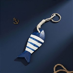 Enfeite Decorativo de Madeira - Chaveiro de Peixe - Azul Escuro - 8x3,5cm - 1 unidade - Rizzo