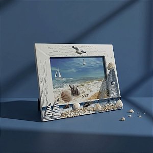 Porta Retrato em Madeira - Barco e Conchas - 24x18,5cm - 1 unidade - Rizzo