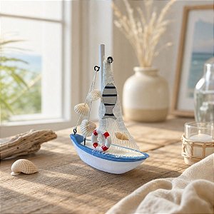 Enfeite Decorativo de Madeira - Barco Decorativo com Conchas e Boia - 15x11cm - 1 unidade - Rizzo