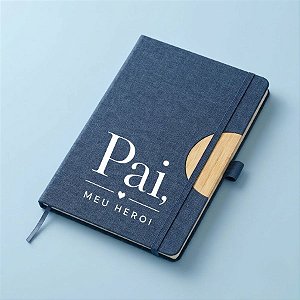 Caderno de Anotações em Tecido e Bambu Personalizado Pai Herói - Azul - 21,5x14,5cm - 1 unidade - Rizzo