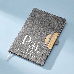 Caderno de Anotações em Tecido e Bambu Personalizado Pai Herói - Cinza - 21,5x14,5cm - 1 unidade - Rizzo
