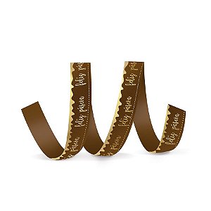 Fita de Cetim Decorada Hot Stamping Feliz Páscoa Marrom 15mm - 10 metros - Cromus - Rizzo Embalagens