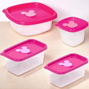 Conjunto 4 Potes de Plástico com Válvula - Minnie Mouse Rosa - Disney Original - Rizzo