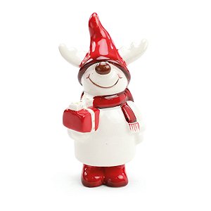 Rena Decorativa com Gorro e Cachecol - Branco/Vermelho/Marrom - 14cm - 1 unidade - Cromus - Rizzo