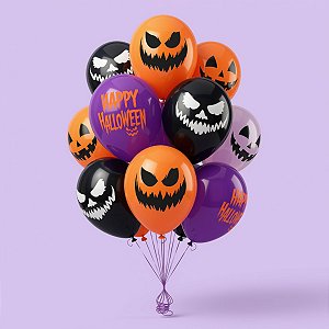 Balão de Festa Látex 8" 20cm Halloween - Sorrisos Mal - Laranja,Roxo e Preto - 20 unidades - Piffer - Rizzo