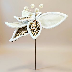 Poinsétia Decorativa - Branco e Marrom com Pérolas - 35cm - 1 unidade - Rizzo