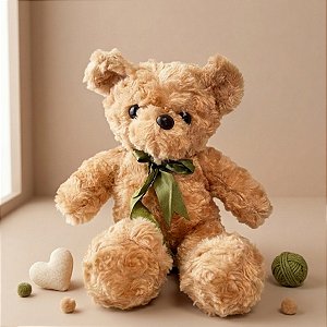 Ursinho de Pelúcia com Laço Verde - Bege - 30x20cm - 1 unidade - Rizzo