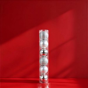 Bolas de Natal em Tubo - Prata - Brilho, Fosco e Glitter - 4cm - 6 unidades - Cromus - Rizzo