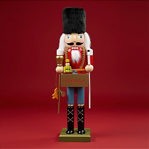 Boneco Soldado Quebra Nozes de Madeira - Placa "Christmas" - Vermelho e Azul - 38cm - 1 unidade - Rizzo