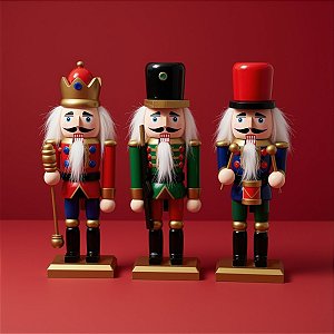 Kit Boneco Soldado Quebra Nozes de Madeira - Vermelho,Azul e Verde - 15cm - 3 unidades - Rizzo