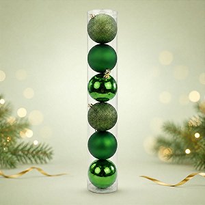 Bolas De Natal em Tubo - Verde - Brilho, Fosco e Glitter - 4cm - 6 unidades - Cromus - Rizzo