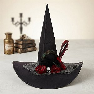 Chapéu de Bruxa Preto com Flores e Caveira - Valentina - 50cm - 1 unidade - Cromus - Rizzo