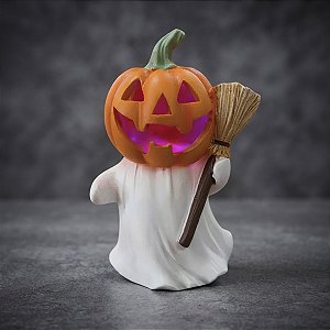 Enfeite Decorativo Halloween em Resina - Abóbora Fantasma com LED Colorido - 14x8,5x7,5cm - 1 unidade - Cromus - Rizzo