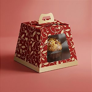 Caixa para Panetone 100g com Visor e Alça - Azevinho - 10x10x9cm - 10 unidades - Cromus - Rizzo