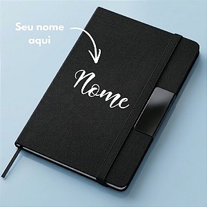 Caderno de Anotações em Tecido e Metal Personalizado com Nome - Preto - 21,5x14,5cm - 1 unidade - Rizzo
