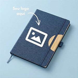 Caderno de Anotações em Tecido e Bambu Personalize com Logo - Azul - 21,5x14,5cm - 1 unidade - Rizzo