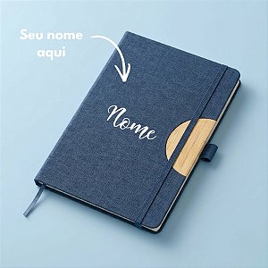 Caderno de Anotações em Tecido e Bambu Personalizado com Nome - Azul - 21,5x14,5cm - 1 unidade - Rizzo