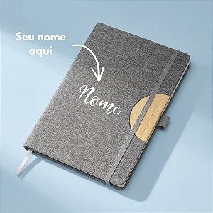Caderno de Anotações em Tecido e Bambu Personalizado com Nome - Cinza - 21,5x14,5cm - 1 unidade - Rizzo