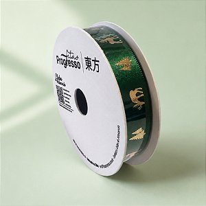 Fita de Cetim 15mm x 10m - Renas e Pinheiros Verdes - ECF003H Cor 530 - Rolo 10m - 1 unidade - Progresso - Rizzo