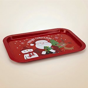 Bandeja de Metal Decorativa de Natal - Merry Christmas Papai Noel e Amigos - 34x23x1,5cm - 1 unidade - Rizzo