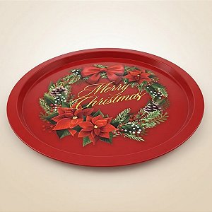 Bandeja de Metal Decorativa de Natal Redonda - Guirlanda Merry Christmas - 32x32x1,5cm - 1 unidade - Rizzo
